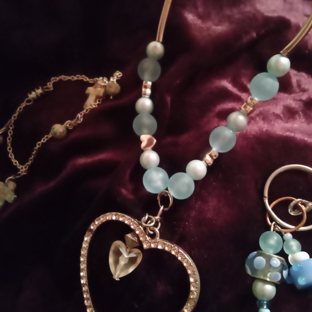 Elegant Heart Pendant Necklace with Blue Beads